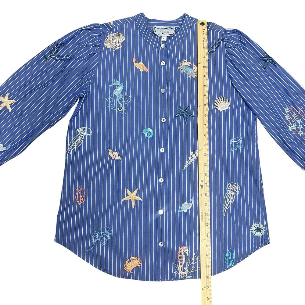 Johnny Was Workshop Striped Blue Embroidered Seashells Ocean Shirt XS Blouse - Picture 11 of 14